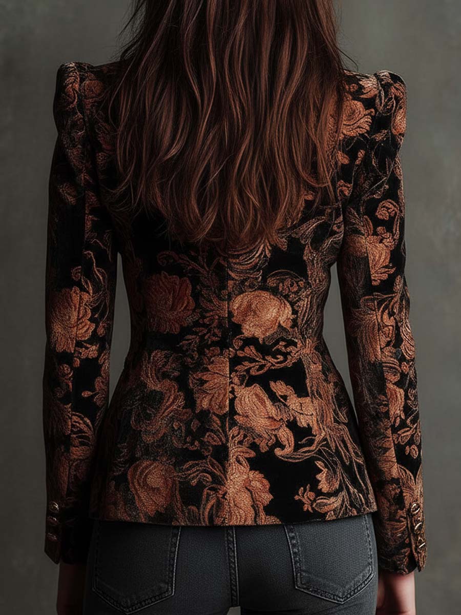 Bertille | Blazer in Velluto Jacquard Fiorito, Nero e Bronzo