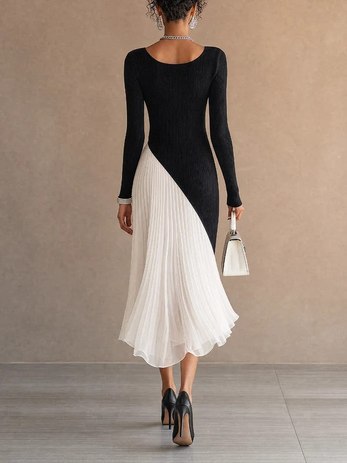 Nerina | Abito Midi Asimmetrico in Chiffon Plissettato, Bianco e Nero