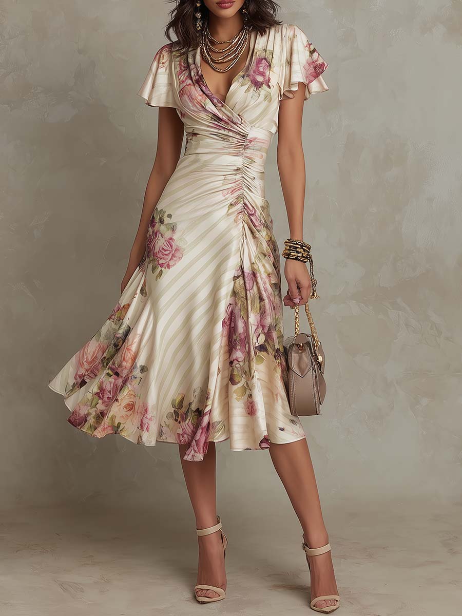 Celeste | Vestito Midi Incrociato Floreale Arricciato