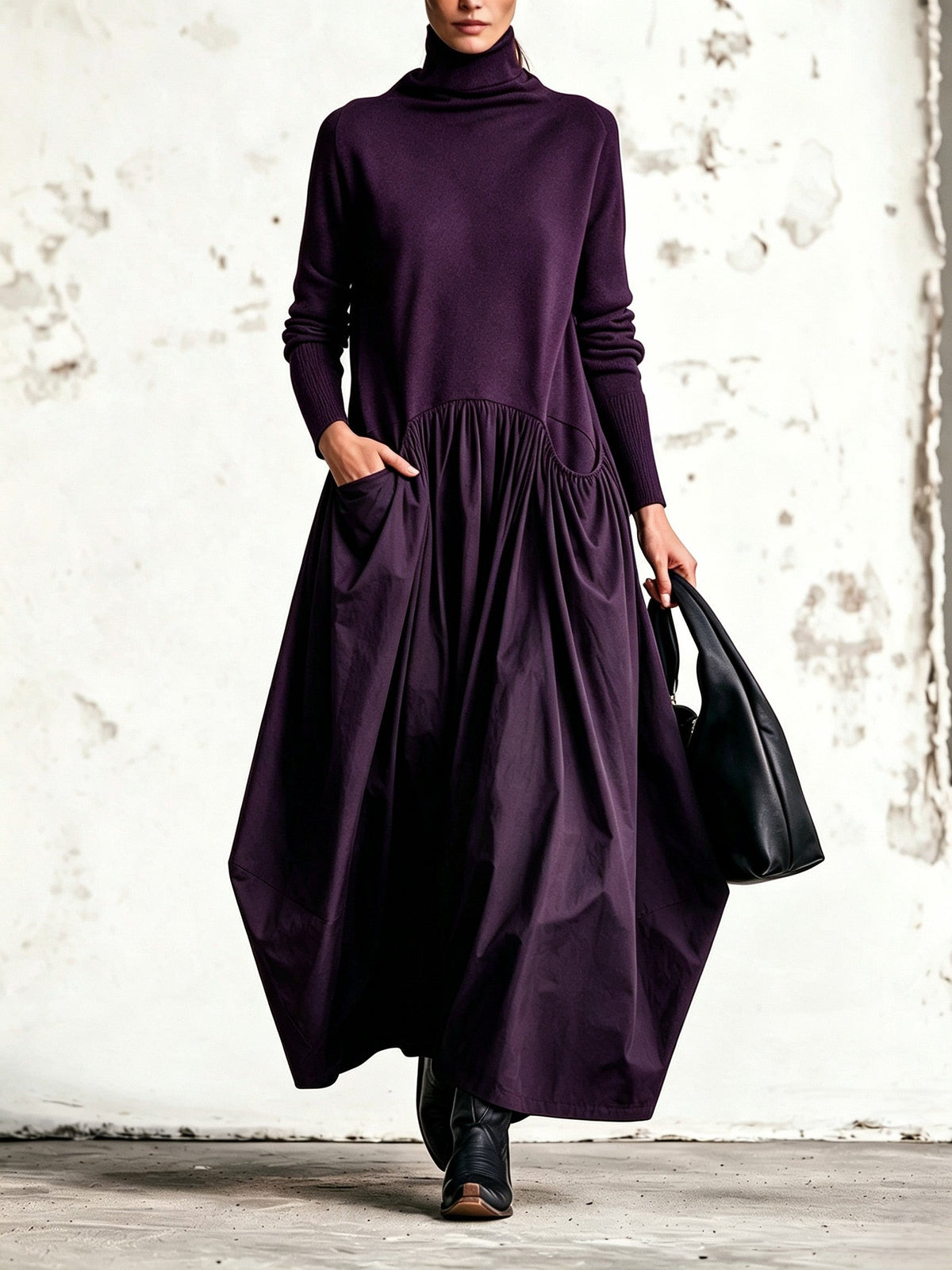 Melissa | Abito Maxi Oversized Nero con Collo Alto e Dettagli Tasche