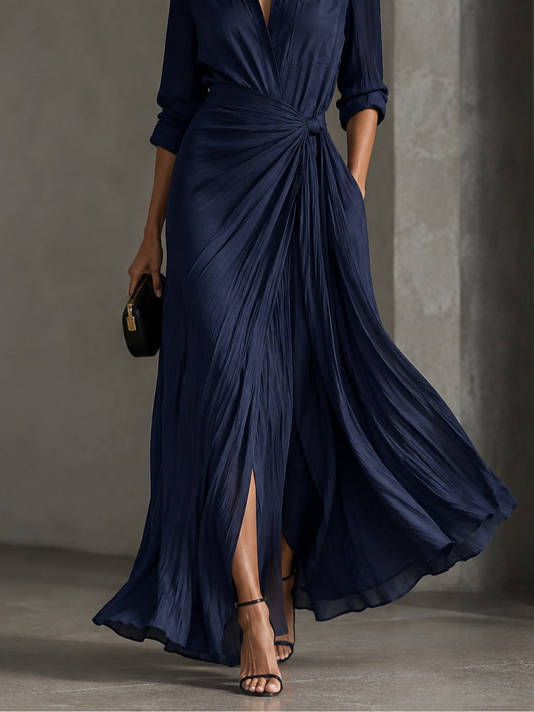 Allegra | Abito Chemisier Maxi con Nodo in Vita, Blu Navy