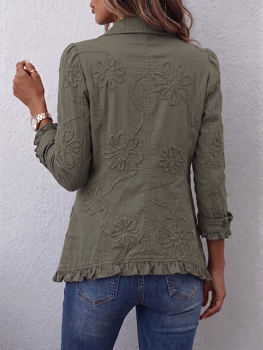 Faustine | Giacca Utility con Ricamo Floreale e Volant, Verde Oliva