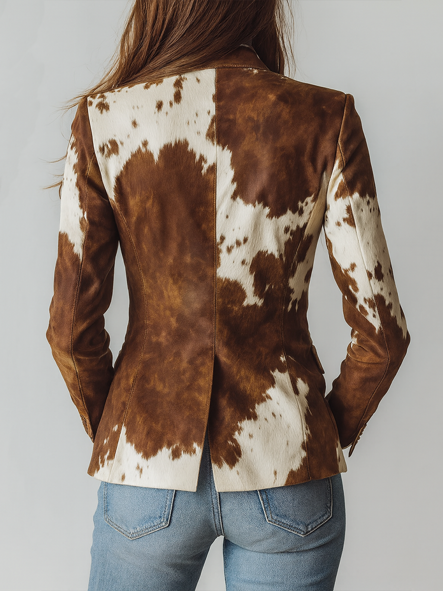 Agathe | Blazer Vintage in Scamosciato con Stampa Mucca, Marrone e Bianco