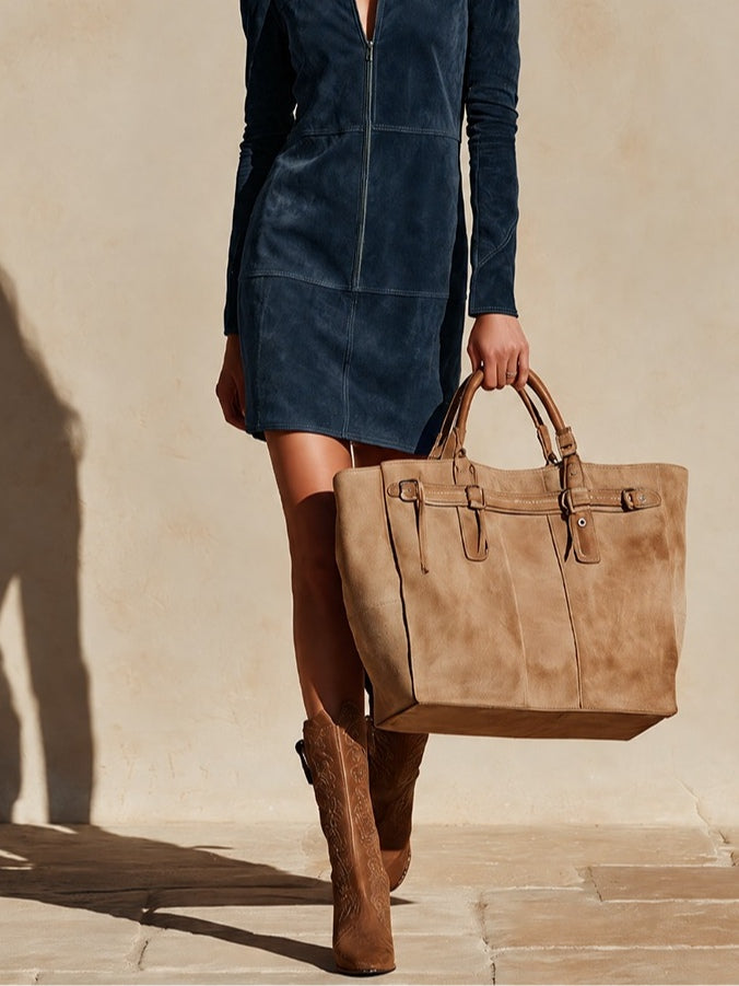 Marcella | Abito mini in suede blu navy con zip a metà