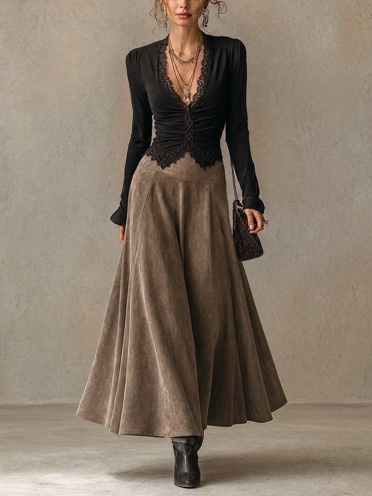 Albina | Completo Top in Pizzo e Gonna Maxi Effetto Scamosciato, Nero e Tortora