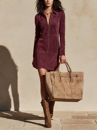 Marcella | Abito mini in suede blu navy con zip a metà