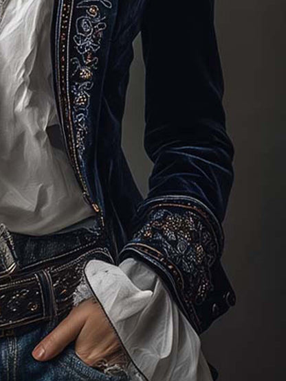 Athénaïs | Giacca Lunga in Velluto Ricamato, Blu Navy