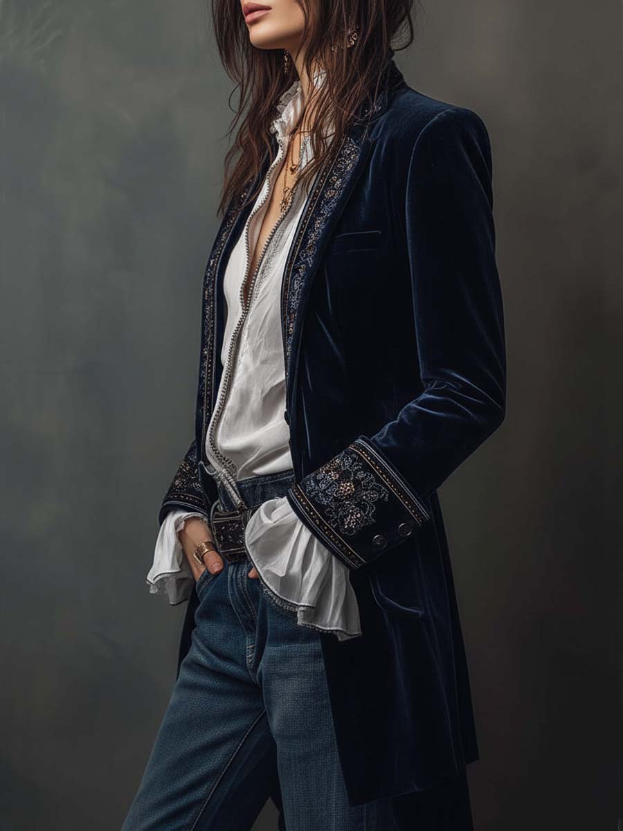 Athénaïs | Giacca Lunga in Velluto Ricamato, Blu Navy