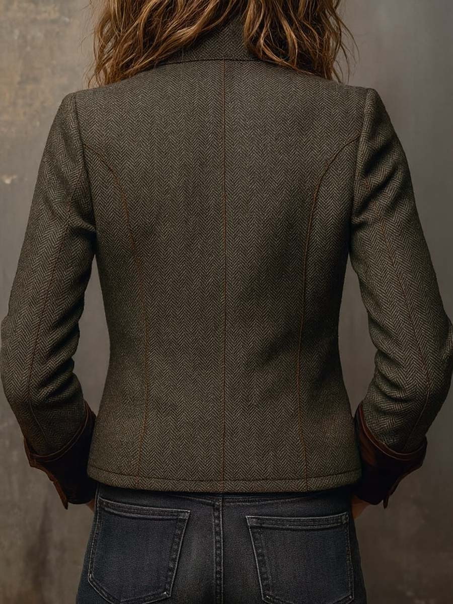 Honorine | Blazer Vintage a Spina di Pesce con Polsini in Velluto, Verde Oliva