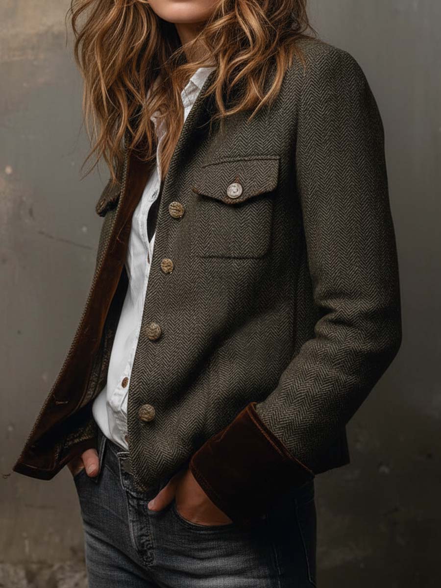 Honorine | Blazer Vintage a Spina di Pesce con Polsini in Velluto, Verde Oliva