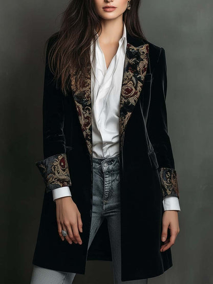 Léontine | Blazer Aderente in Velluto con Ricamo Dorato, Nero