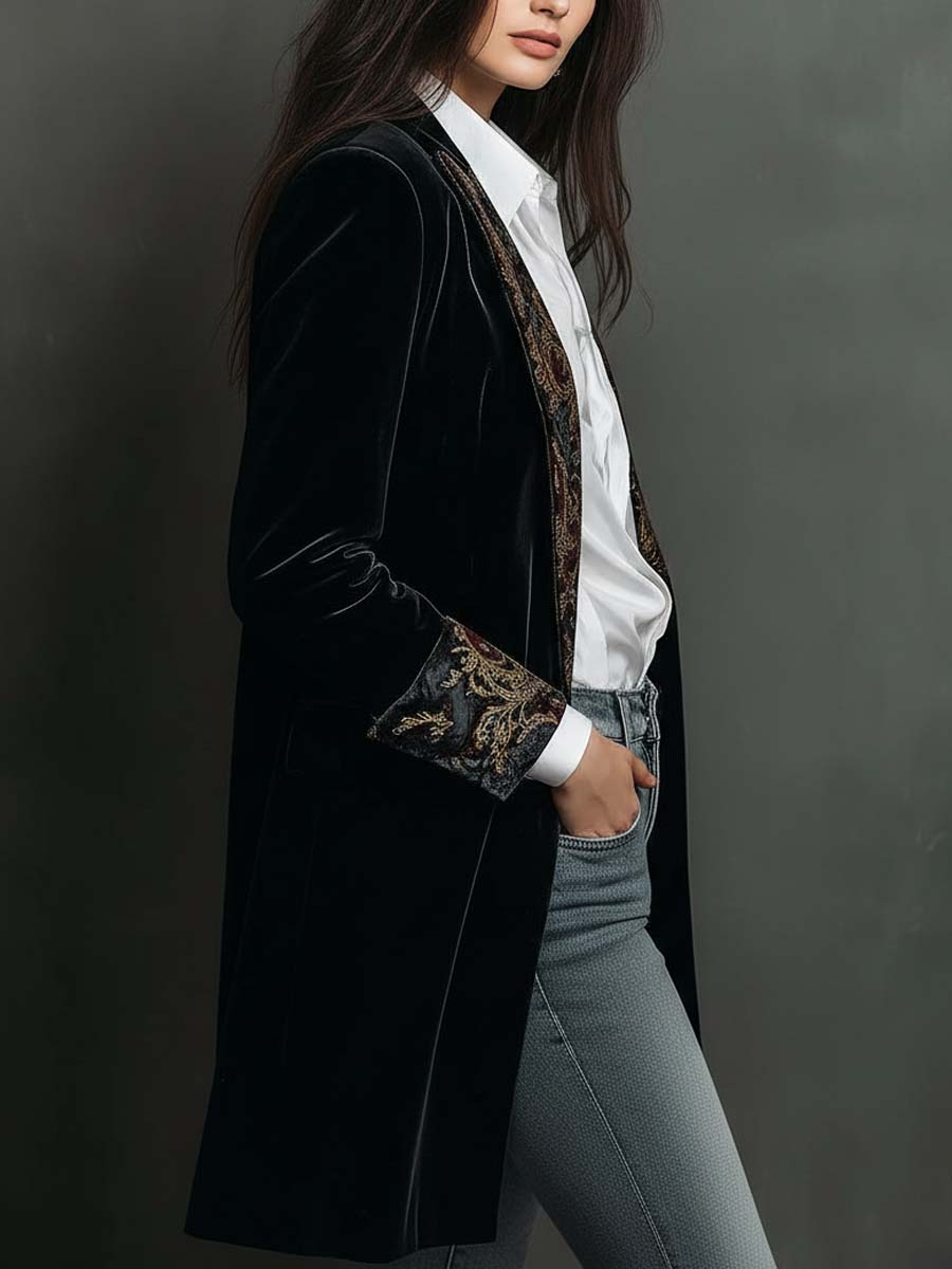 Léontine | Blazer Aderente in Velluto con Ricamo Dorato, Nero