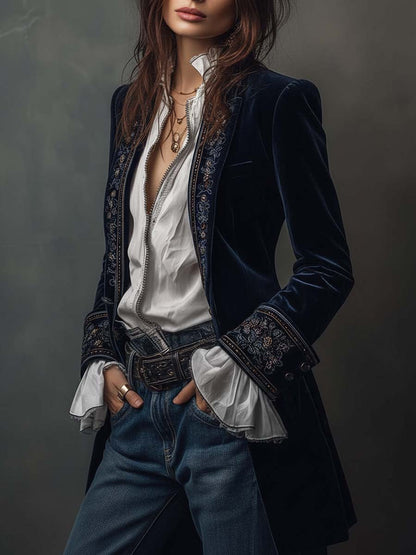 Athénaïs | Giacca Lunga in Velluto Ricamato, Blu Navy