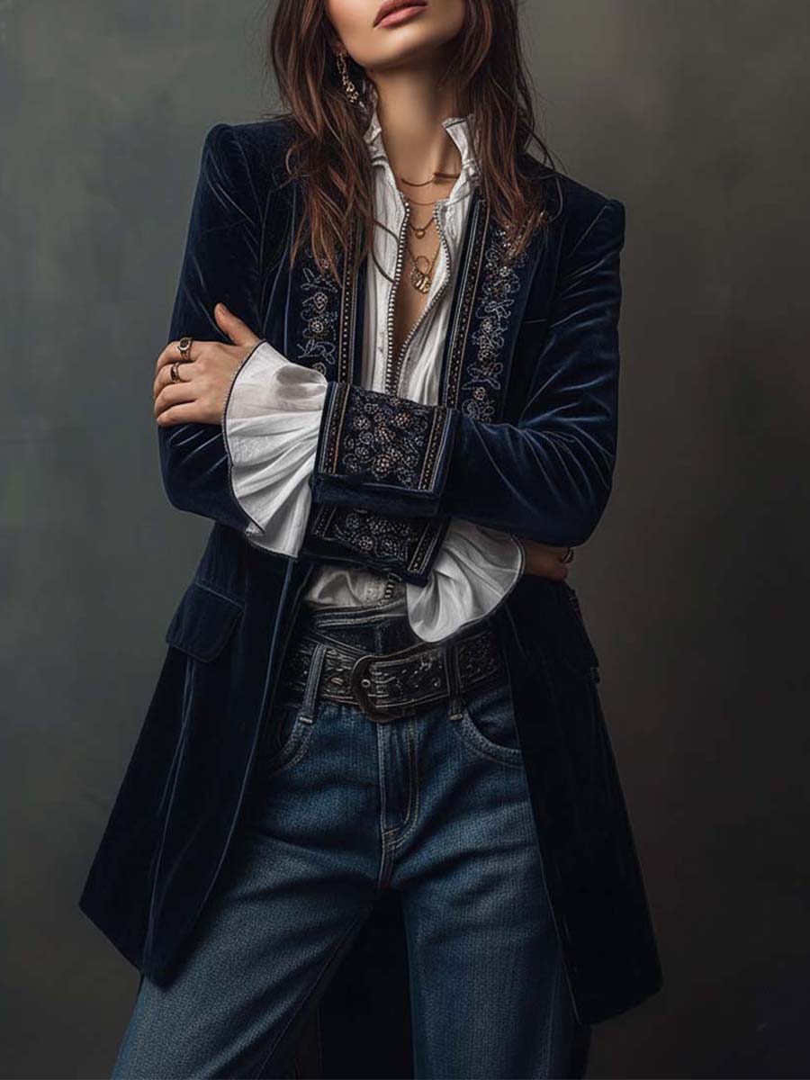 Athénaïs | Giacca Lunga in Velluto Ricamato, Blu Navy