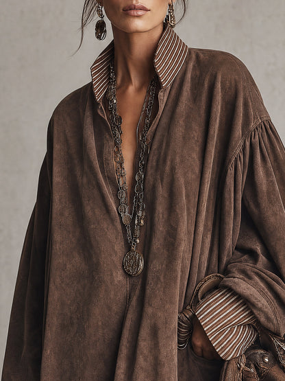 Abito Mini Oversized in Velluto Sintetico Marrone Vintage con Collo a Camicia a Righe