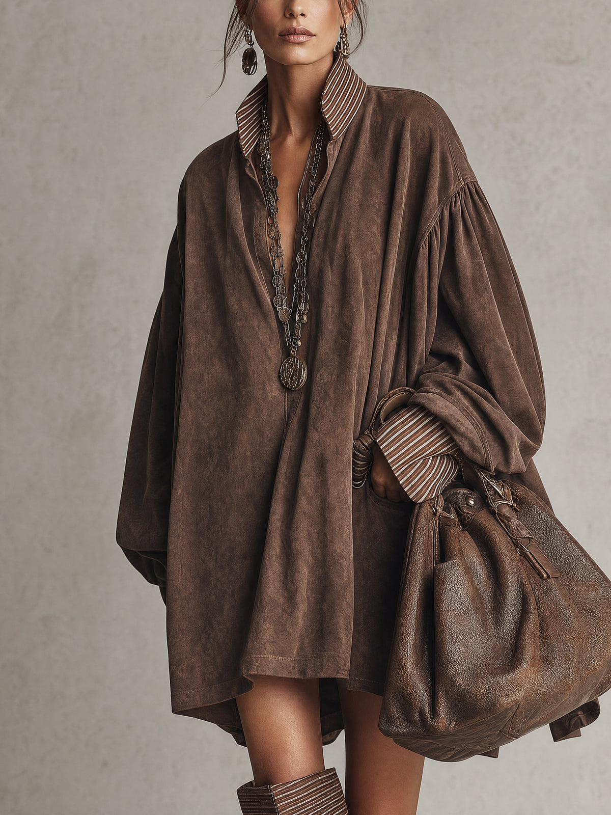 Abito Mini Oversized in Velluto Sintetico Marrone Vintage con Collo a Camicia a Righe