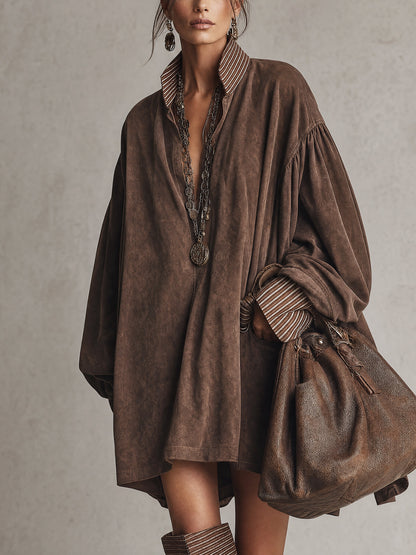 Abito Mini Oversized in Velluto Sintetico Marrone Vintage con Collo a Camicia a Righe