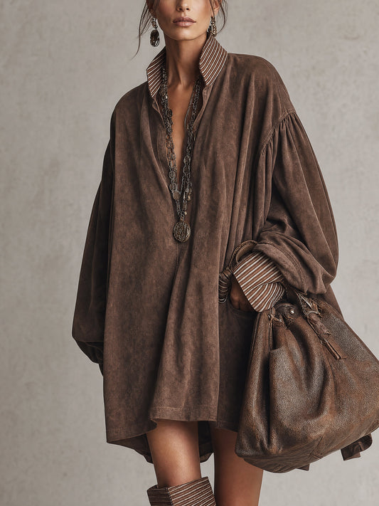 Abito Mini Oversized in Velluto Sintetico Marrone Vintage con Collo a Camicia a Righe