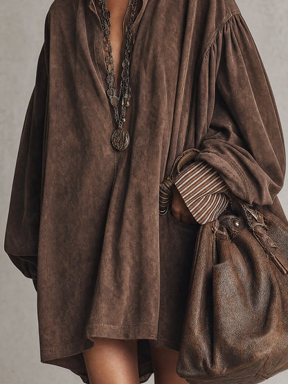 Abito Mini Oversized in Velluto Sintetico Marrone Vintage con Collo a Camicia a Righe