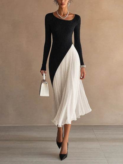 Nerina | Abito Midi Asimmetrico in Chiffon Plissettato, Bianco e Nero
