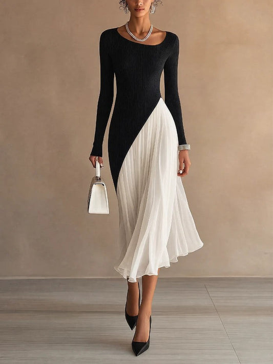 Nerina | Abito Midi Asimmetrico in Chiffon Plissettato, Bianco e Nero