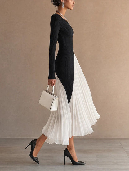 Nerina | Abito Midi Asimmetrico in Chiffon Plissettato, Bianco e Nero