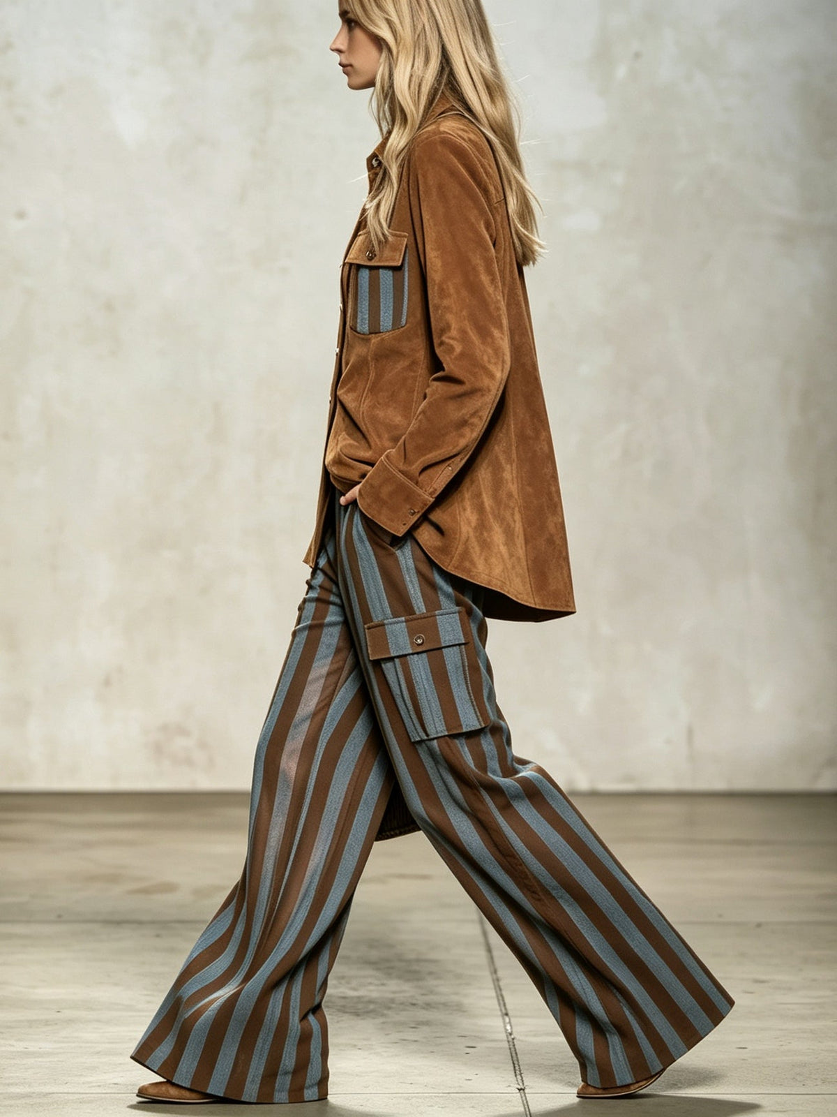 Nives | Completo Camicia Effetto Camoscio e Pantaloni a Righe, Tabacco e Azzurro