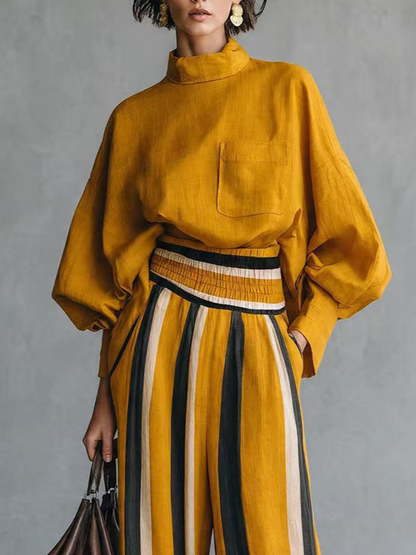 Valeria | Completo Camicia Ampia e Pantaloni a Righe, Giallo Senape
