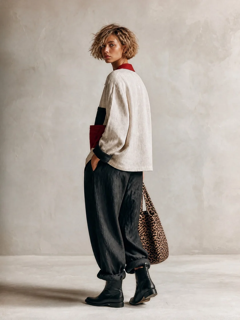 Sveva | Completo Camicia Color Block e Pantaloni Ampi, Nero