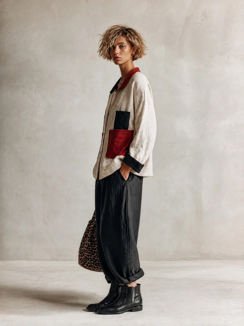 Lidia | Completo Camicia Color Block e Pantaloni Ampi, Beige e Nero