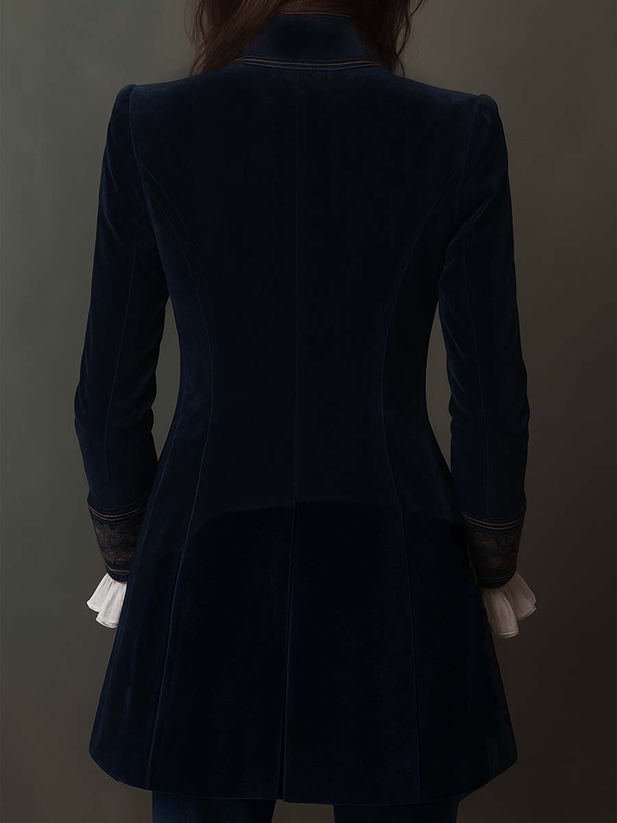 Athénaïs | Giacca Lunga in Velluto Ricamato, Blu Navy