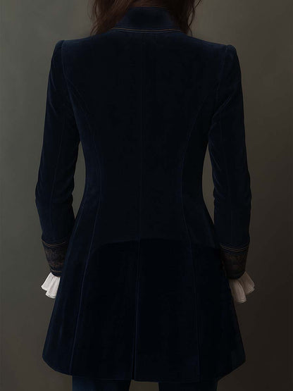 Athénaïs | Giacca Lunga in Velluto Ricamato, Blu Navy