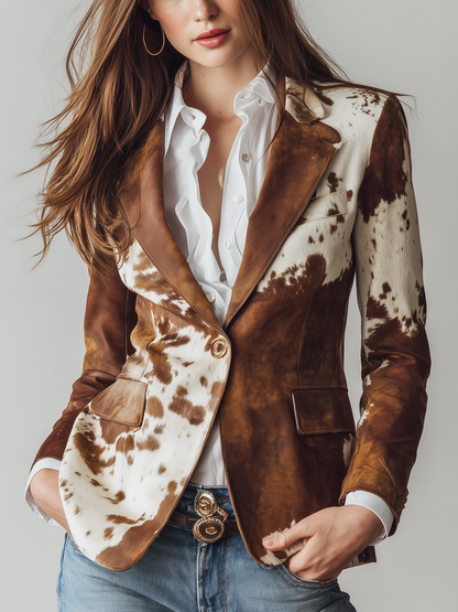 Agathe | Blazer Vintage in Scamosciato con Stampa Mucca, Marrone e Bianco