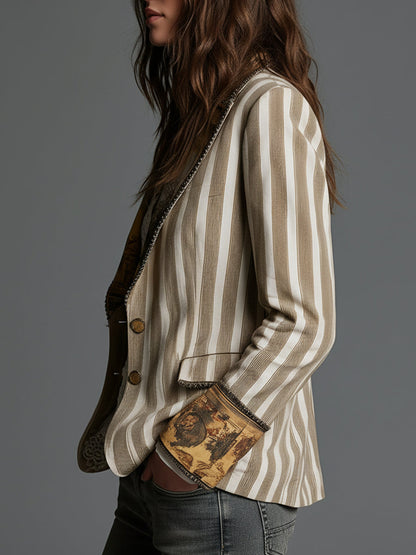 Suzanne | Blazer Bohémien a Righe con Pannello Dipinto, Kaki