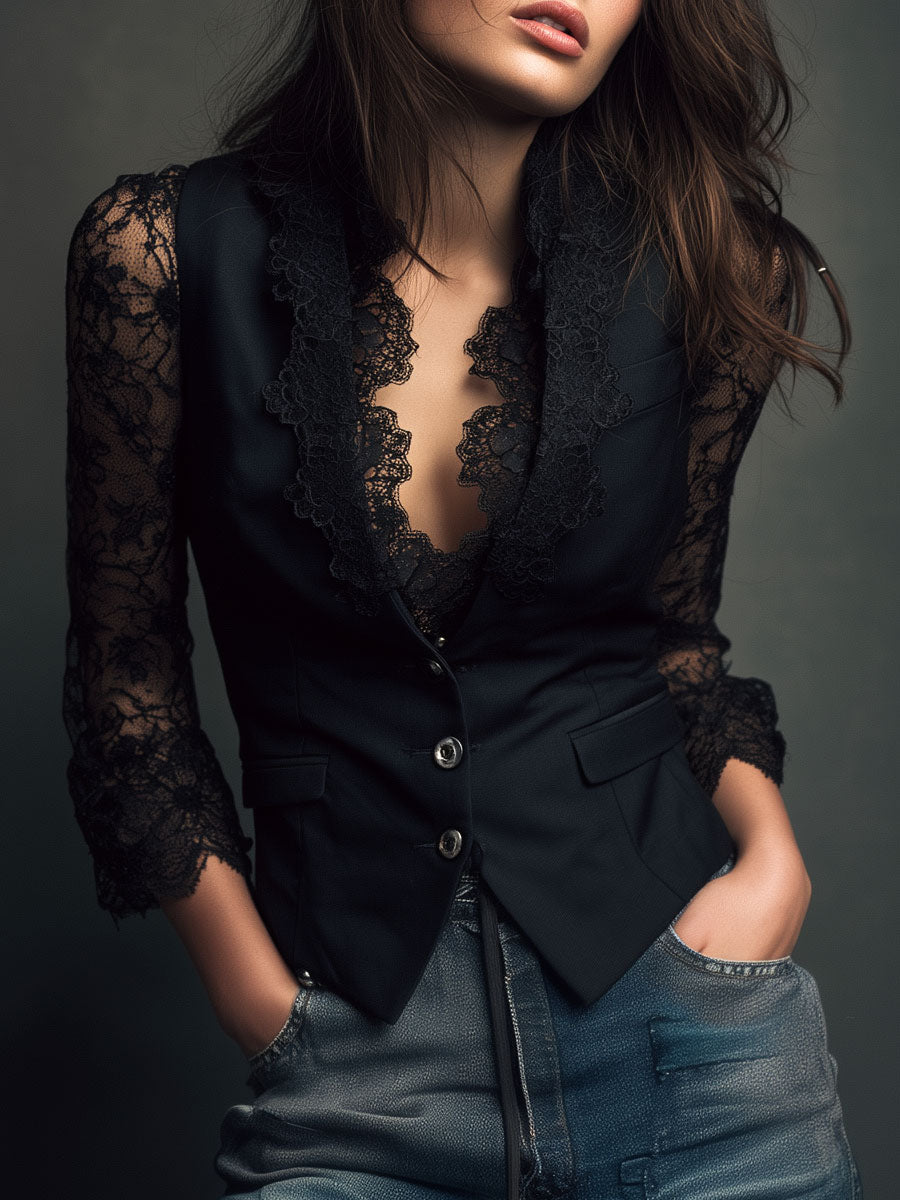Ninon | Top Blazer Nero a Maniche Semitrasparenti