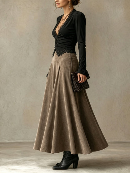 Albina | Completo Top in Pizzo e Gonna Maxi Effetto Scamosciato, Nero e Tortora