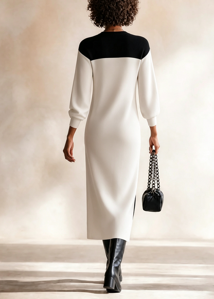 Vestito midi casual nero con scollatura a V e maniche lunghe bianche
