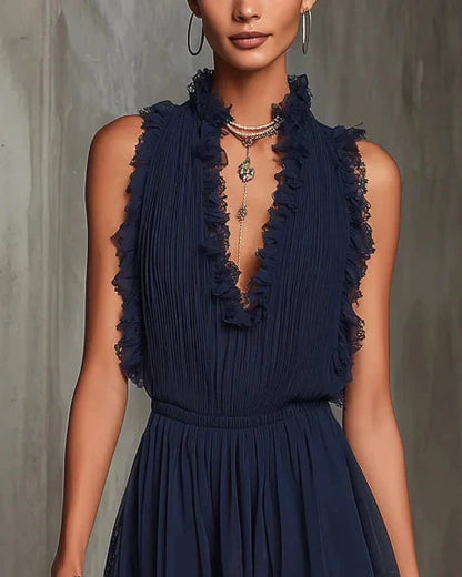 Adriana | Mono navy in chiffon plissettato con pizzo