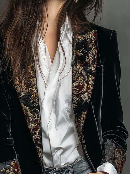 Léontine | Blazer Aderente in Velluto con Ricamo Dorato, Nero