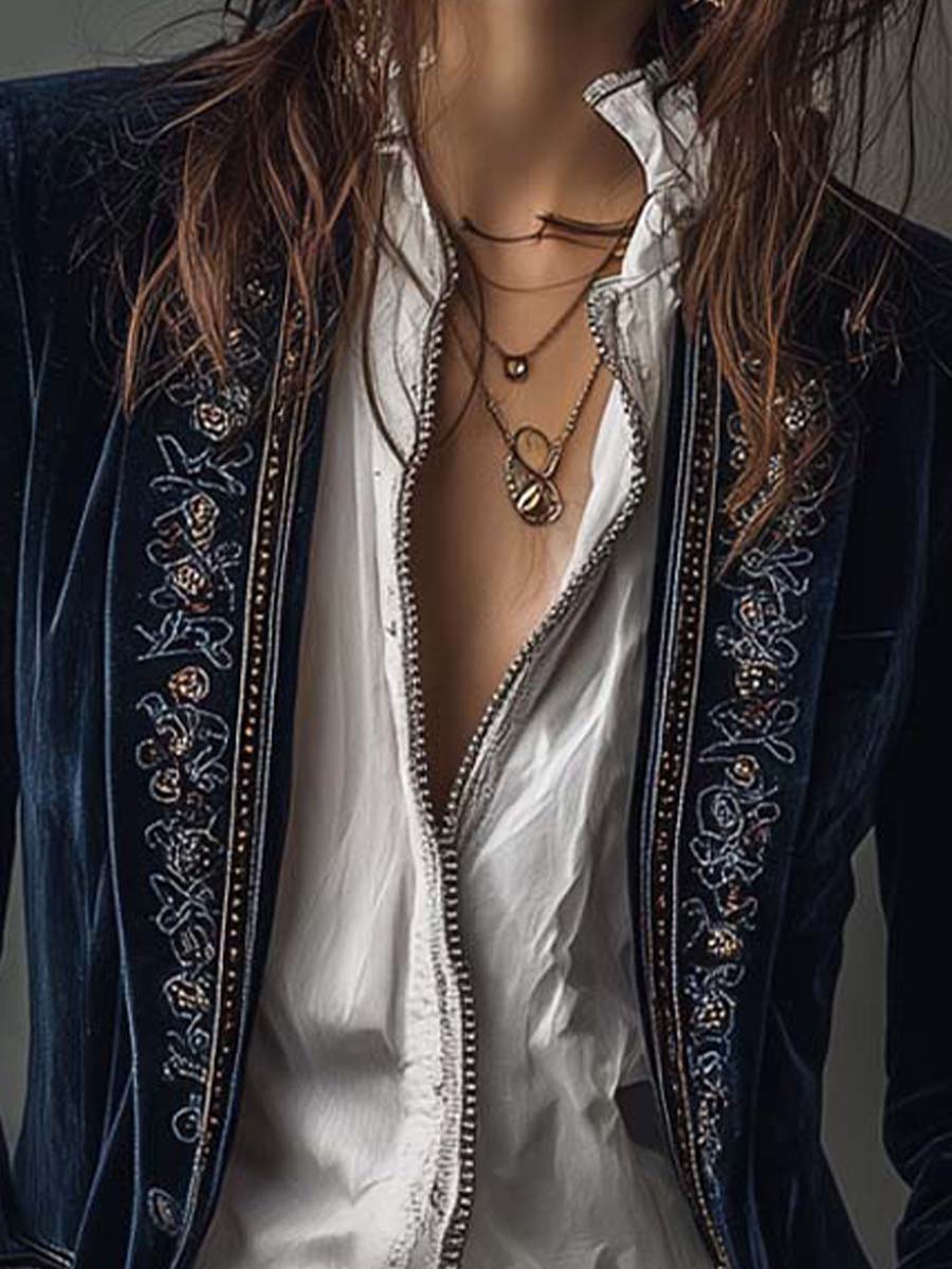 Athénaïs | Giacca Lunga in Velluto Ricamato, Blu Navy