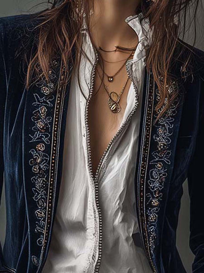 Athénaïs | Giacca Lunga in Velluto Ricamato, Blu Navy