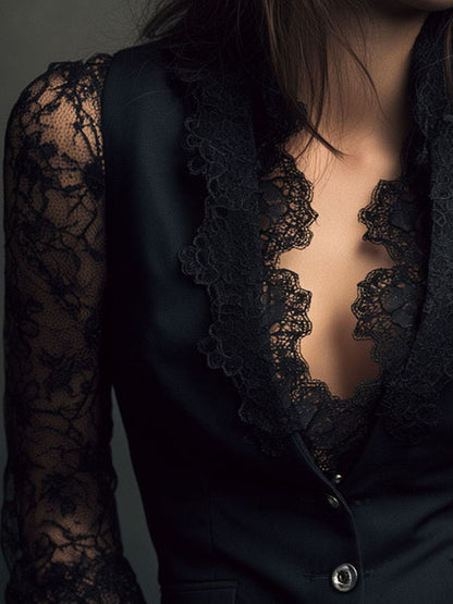 Ninon | Top Blazer Nero a Maniche Semitrasparenti