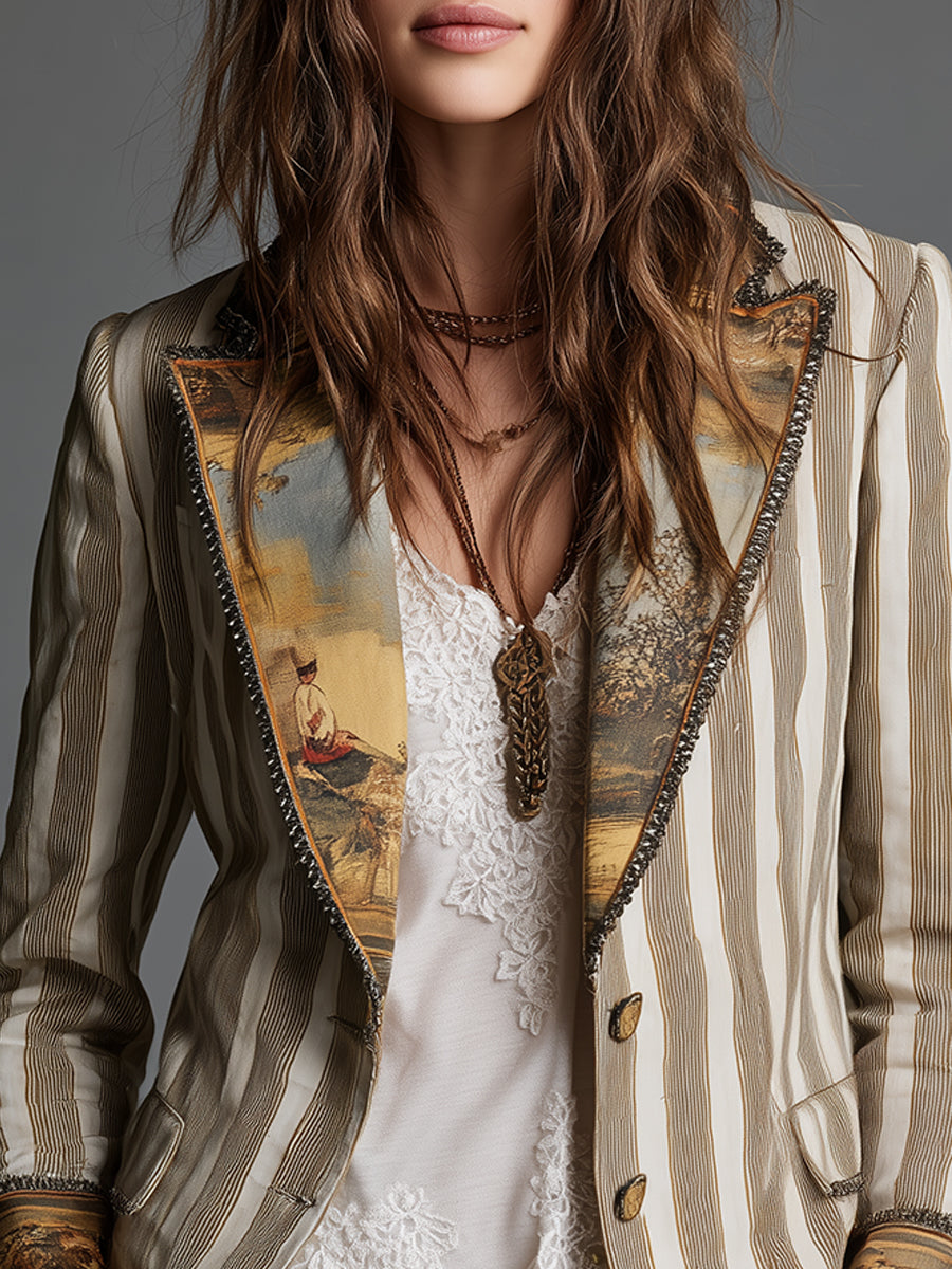 Suzanne | Blazer Bohémien a Righe con Pannello Dipinto, Kaki
