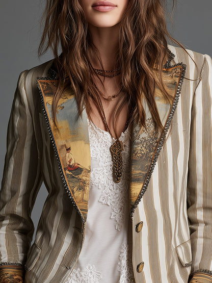 Suzanne | Blazer Bohémien a Righe con Pannello Dipinto, Kaki