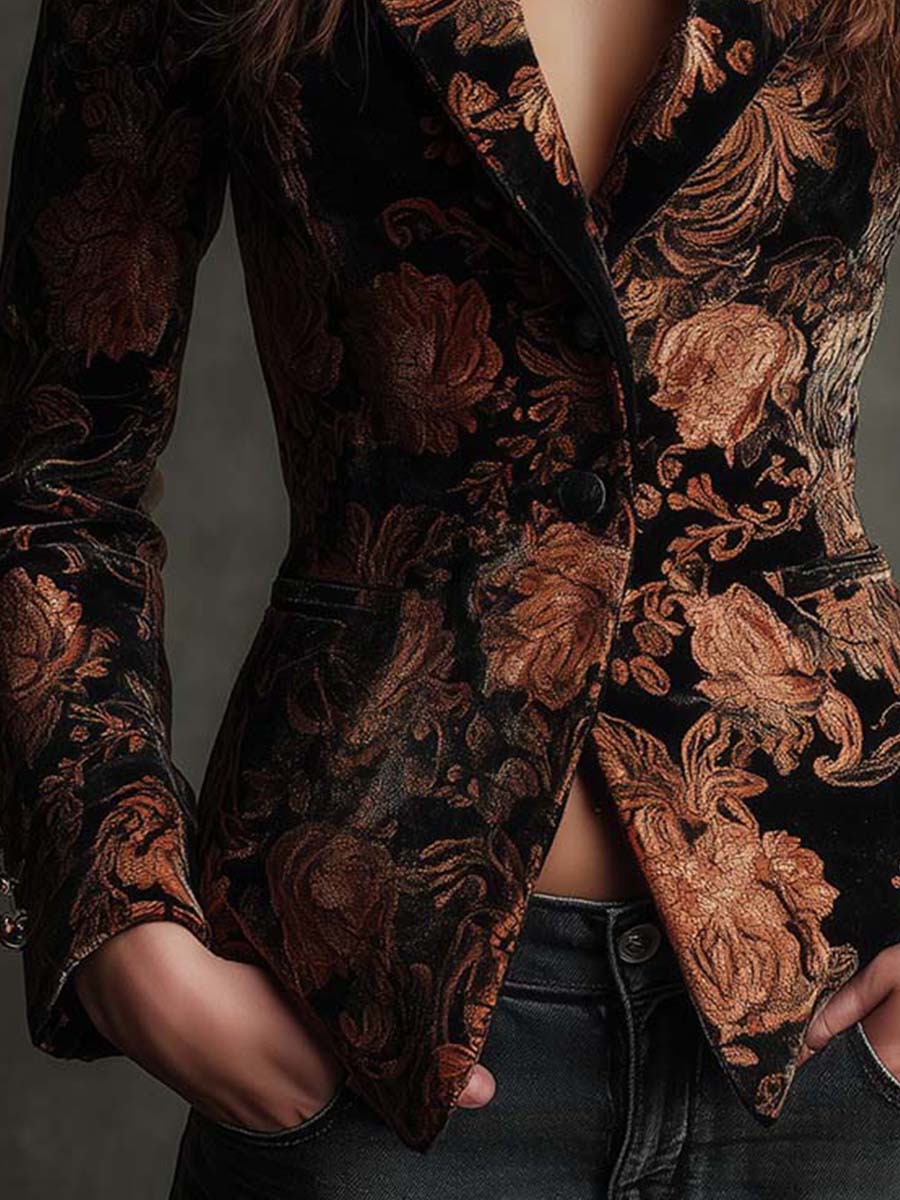 Bertille | Blazer in Velluto Jacquard Fiorito, Nero e Bronzo