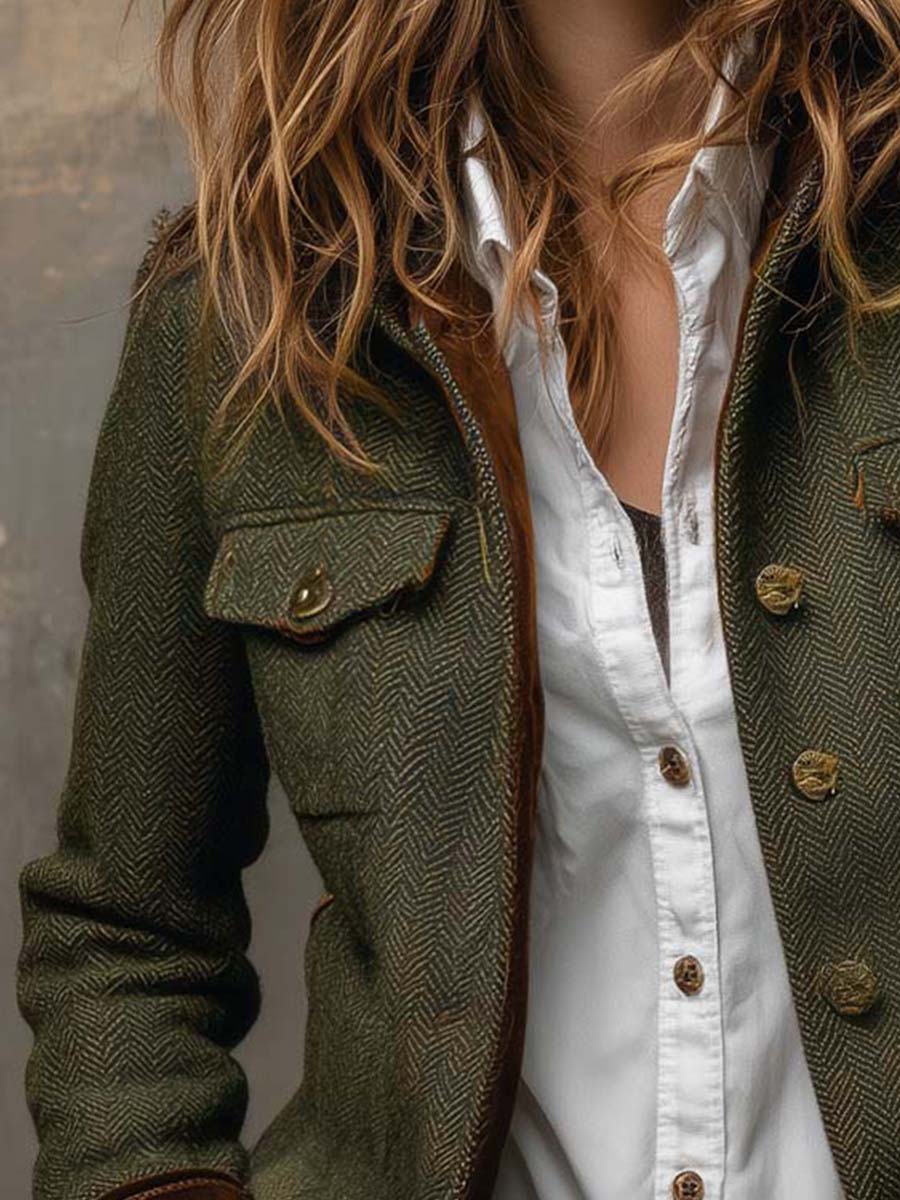 Honorine | Blazer Vintage a Spina di Pesce con Polsini in Velluto, Verde Oliva