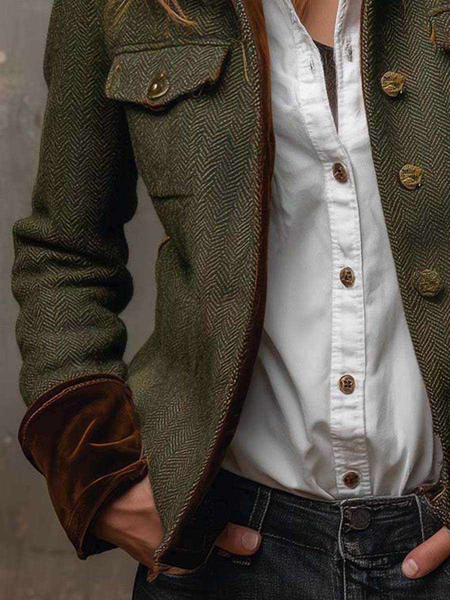 Honorine | Blazer Vintage a Spina di Pesce con Polsini in Velluto, Verde Oliva