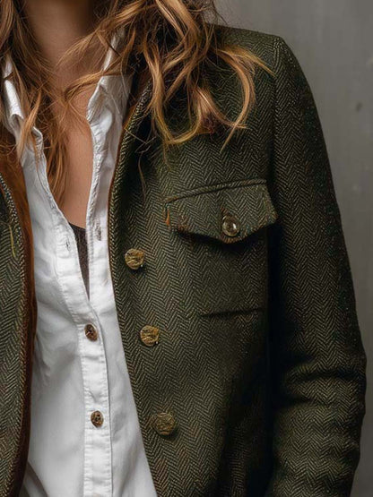 Honorine | Blazer Vintage a Spina di Pesce con Polsini in Velluto, Verde Oliva