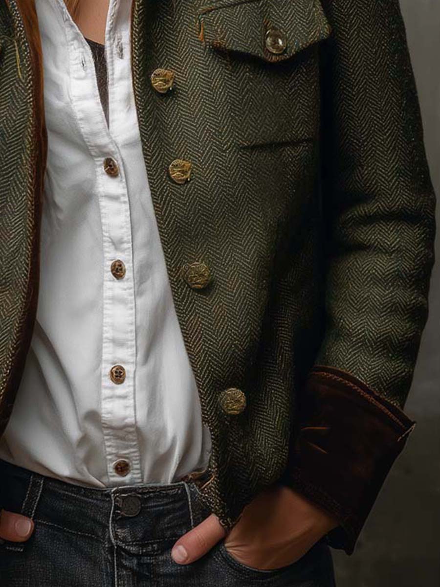 Honorine | Blazer Vintage a Spina di Pesce con Polsini in Velluto, Verde Oliva