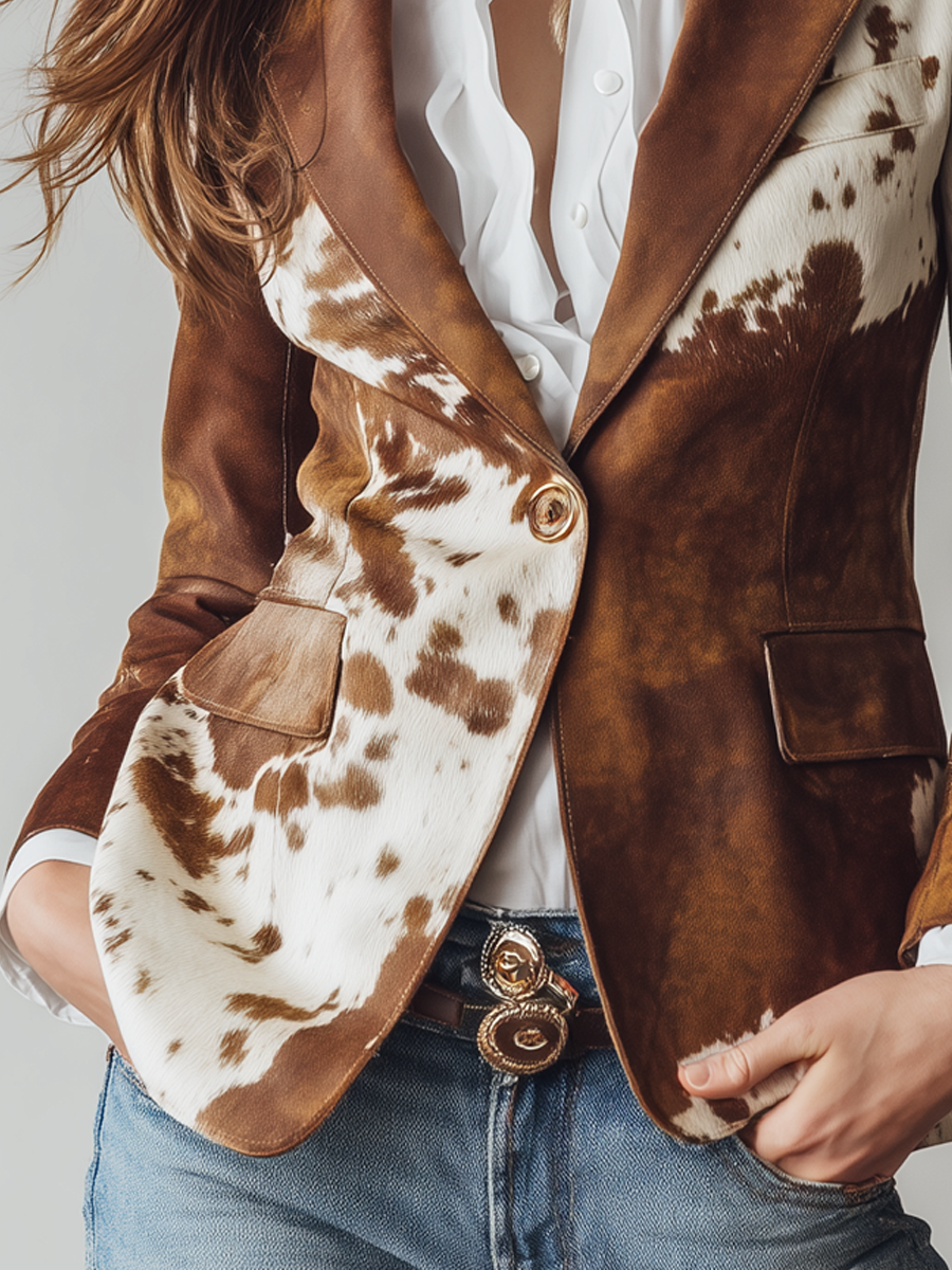Agathe | Blazer Vintage in Scamosciato con Stampa Mucca, Marrone e Bianco